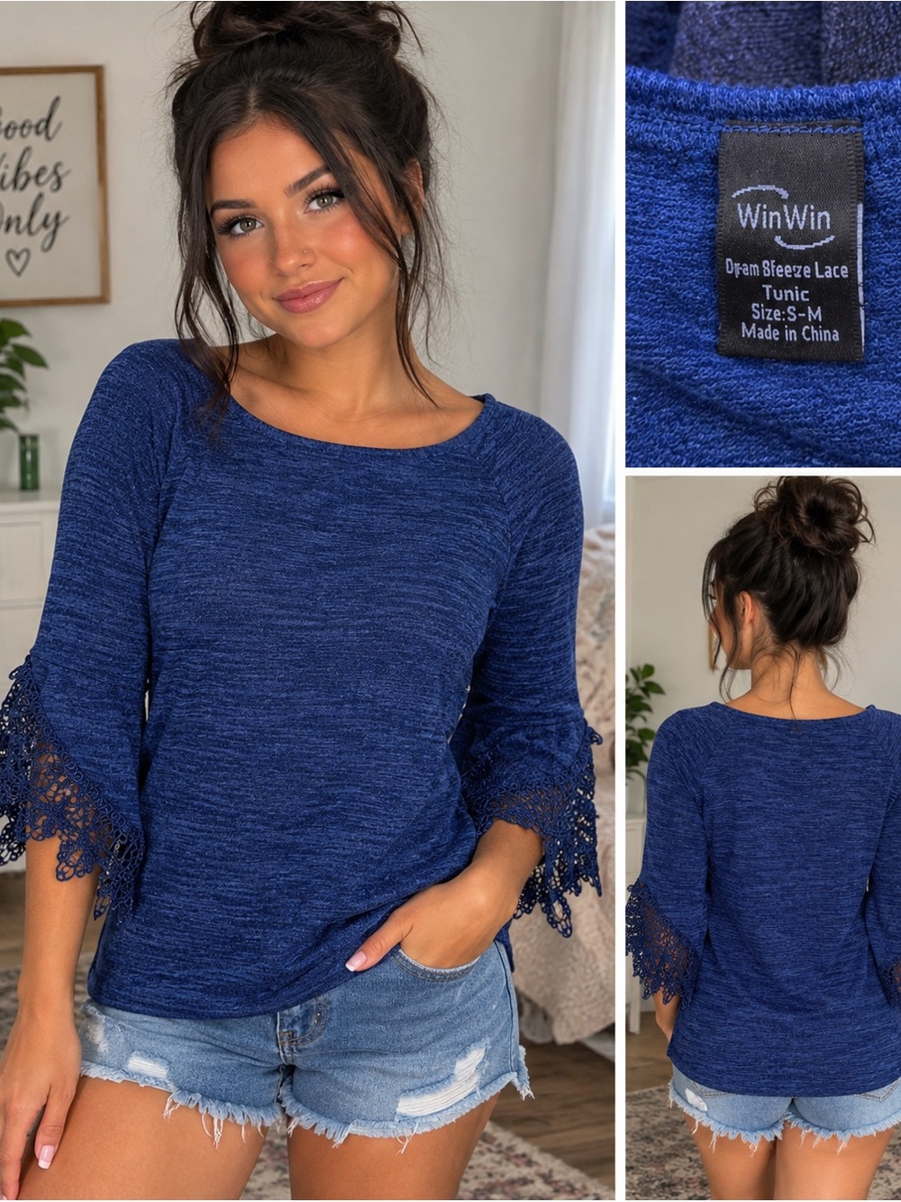 WinWin Deep Blue Crochet Bell Sleeve Tunic
